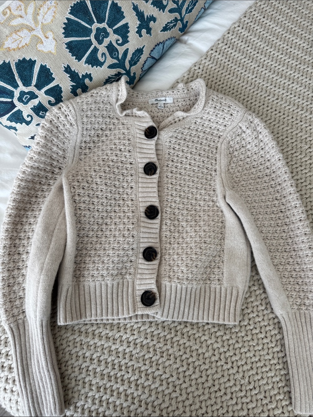 Madewell Cream Waffle Knit Button-Front Cardigan